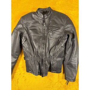 Harley Davidson Womens Black Leather Biker Jacket Quilted Embroidered Small S W